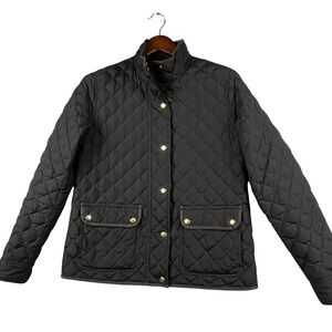 J.Crew Womens M Down Quilted Jacket Gold Button Snap Front Black Classic Chic